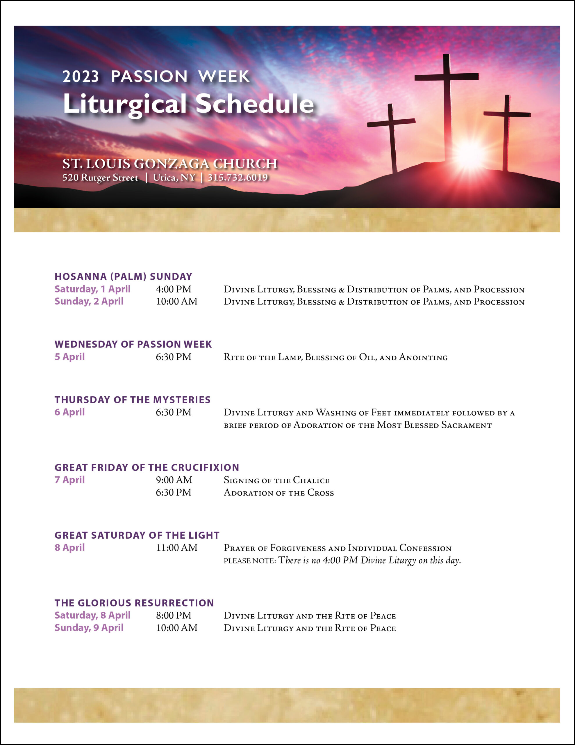 2023 Passion Week Liturgical Schedule